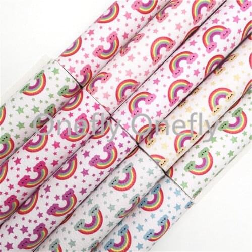 Onefly Rainbow Stars Printed on Glitter Suede Synthetic Leather, Soft Faux Leather Sheets For Bow DIY handbags shoes FZ036