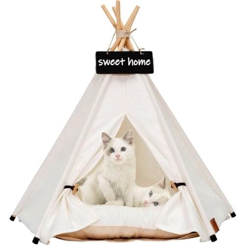 Pet Teepee Dog Tent House Cat Bed with Thick Canvas Cushion Blackboard Folding Playpen Puppy Kennel for Small Medium Dogs Cats