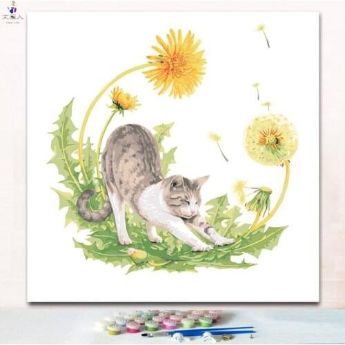 The cut cat and dandelion picture painting by numbers with paint colors for drawing paintings by numbers on canvas for children