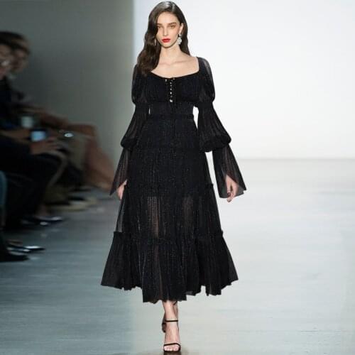 Runway Square Neck Lantern Long Sleeve Elastic Waist Elegant Swing Shiny Long Dress 210603MZ03