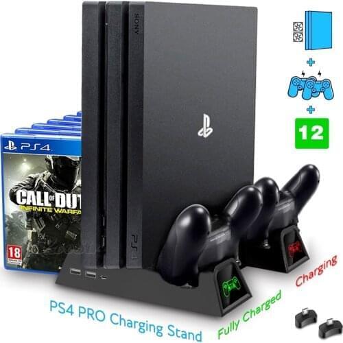 PS4 Pro Console Stand 2 Coolingr Fan PS 4 Controller Charger Play station 4 Pro 12 Disc Storage Tower for PlayStation 4 PRO Game