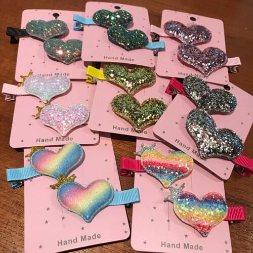 2pcs Hair Clip Pink Heart Shaped Glitter Fabric Elastic Rubber Hairband Hairpin Accessories Chaim Headwear For Girl Party Gift