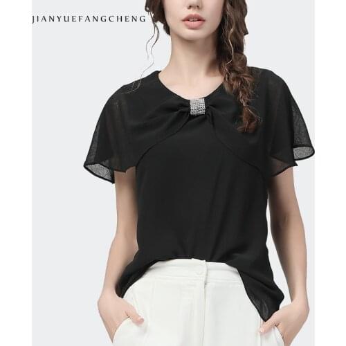 Luxury Beaded Bow-Knot Design Black Chiffon Top Women O-Neck Short Sleeve Summer Blouses Loose Casual Plus Size Ladies Clothing