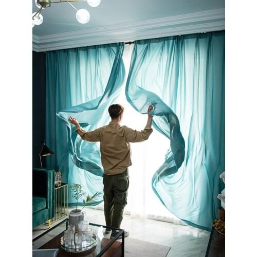 Nordic Style Blue Chiffon gauze Curtain Panels Modern Tansparent impermeable Curtain Drapes Soft Yarn for Living Room Bedroom