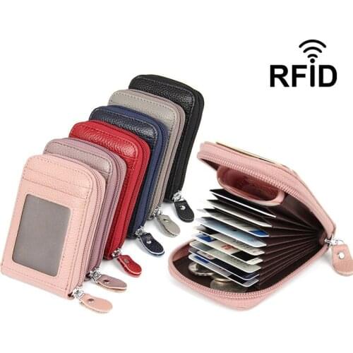Vento Marea RFID Blocking Women Real Leather Credit Card Holder Men Zipper Pocket Cowhide New Mini Wallet Small ID Card Bag 2019