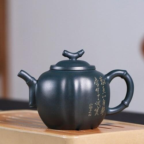 Yixing purple clay pot genuine artists hand-made raw ore dark green mud bamboo rhyme pot Kungfu Teapot Tea Set