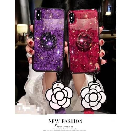 Camellia Mirror Hand Chain Bling Diamond Ring Grip Holder Gold Foil Case Cover For Iphone 11 Pro Max XS Max XR X 8 7 6 6S Plus