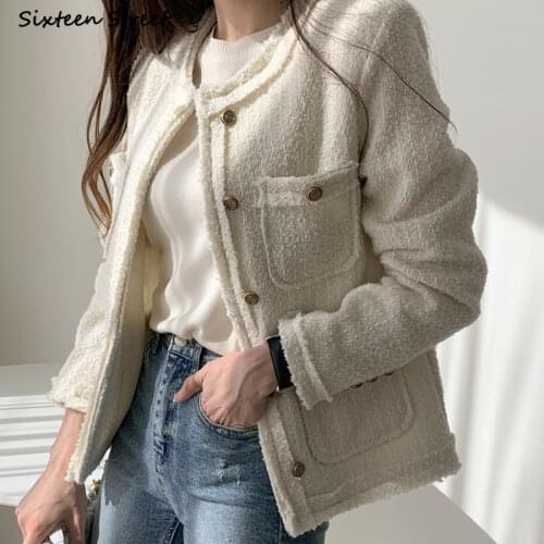 Chic Elegant Tweed Jacket Woman Fall 2021 Button Up O-neck Cropped Coat Female Winter New Apricot Full Sleeve Business Jacket OL
