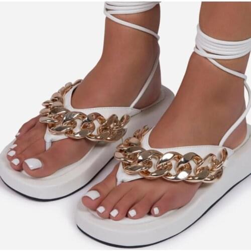 2021 spring /summer new women thick-soled mid-heel muffin flip-flops metal chain anklet strap sandals large size Roman slippers