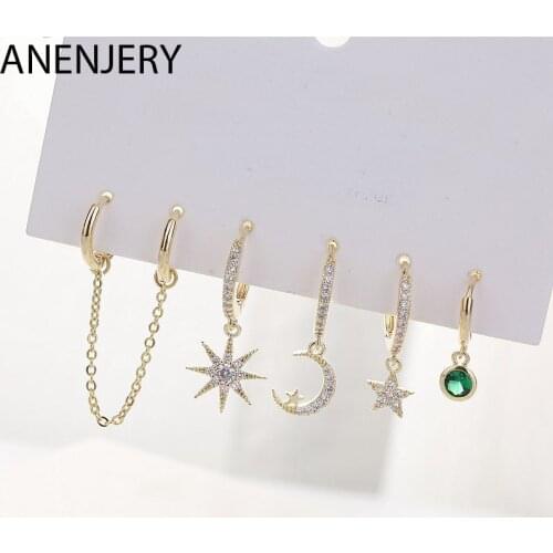 ANENJERY Silver Color 5-piece Earrings Sets Mosaic Cubic Zircon Moon Star Double Ear Hole Hoop Earrings Sets For Women