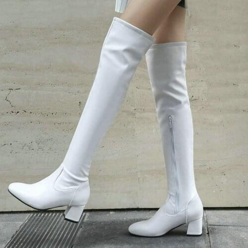 Fall Winter Slim Women Over the Knee Boots Black White PU Round Toe 6CM Square Heel Zipper Women Elastic Boots Large Size 34-43