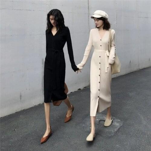 Women Casual Maxi Dress V-neck Long Dresses Autumn Vintage Single Breasted Knit Long Sleeve Dress