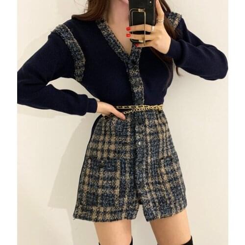 Wenfly Women Knitting Sweater Mini Patchwork Dress Korean V-Neck Long Sleeve Sashes Single Breasted Vintage Office Elegantes
