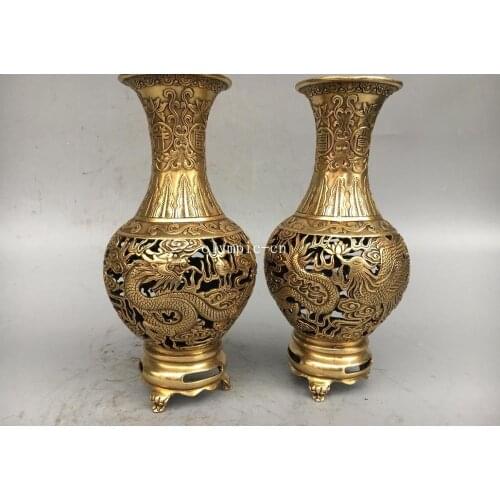 10'' Pair copper brass hollowed-out work carved dragon phoenix home decor vase