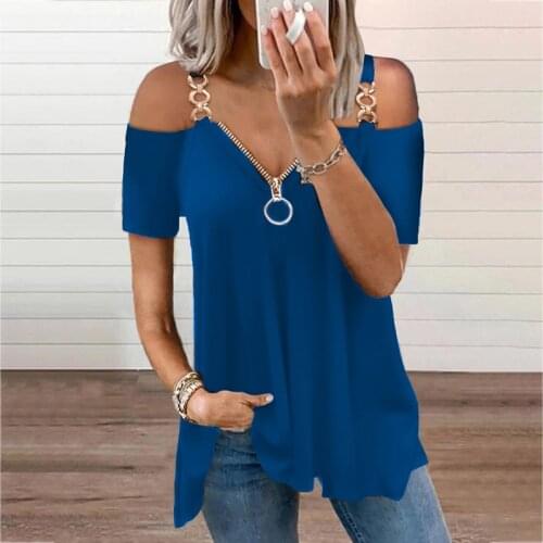 2021 Womens Summer Fashion Plus Size S-5XL metal ring zipper Shoulder Plain Black Short Sleeve Blouse Top Casual T-shirt
