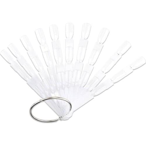 50pcs Clear Plastic 3 Tier Nail Tip Chart Fan with Ring- for Practicing Nail Art Patterns & Designs Swatch Nail Polish Colors