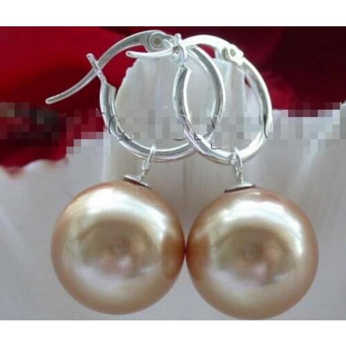Free Shipping Natural 16mm champagne Round Shell Pearl Earrings 925 hook
