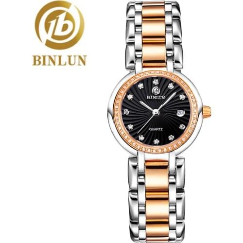 BINLUN Couples Wrist Watches Women Luxury Waterproof Watch Female Scratch Resistant Diamond Dial Watches with Rose Gold Strap