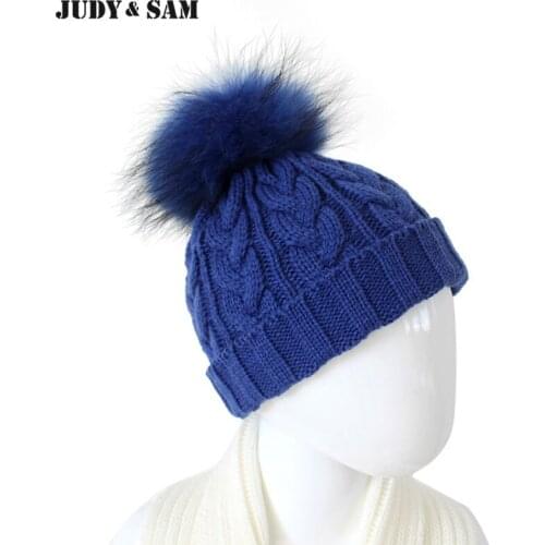 Wool Blend Cable Hat For 10-36 Months Baby with Fluffy Racoon Fur Pompoms Beautiful Winter Cap For Boys and Girls Accessories