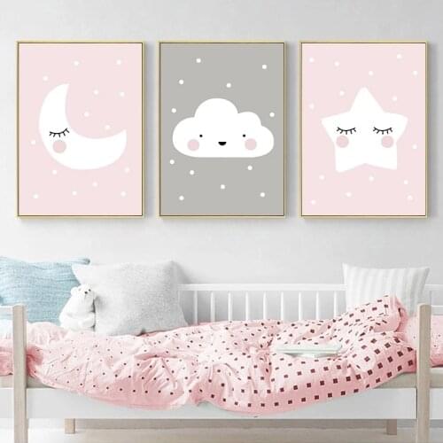 Pink Moon Cloud Star Nursery Child Poster Cute Art Decorative Print Wall Painting Decoration Picture Nordic Kid Baby Room Decor