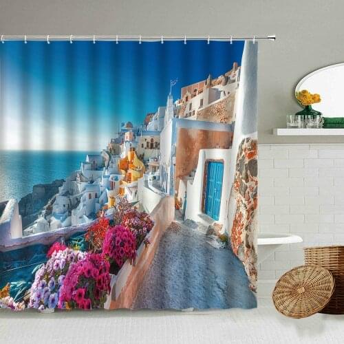 Greek Town Architecture Castle Shower Curtain European City Seaside Scenery Couple Travel Bathroom Waterproof Cloth Screen Set