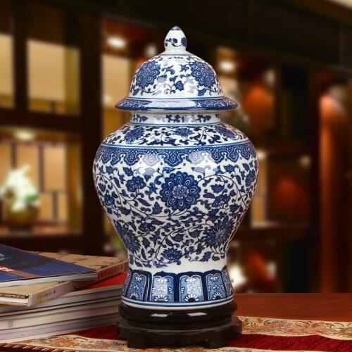 Jingdezhen Porcelain Antique Blue And White Porcelain Flower Jar Modern Home Decoration ceramic temple jar vase