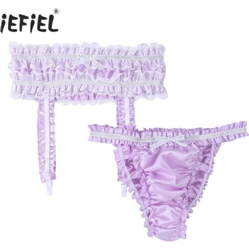 Ruffled Frilly Lace Men Thongs Shiny Satin Sissy Gay Men Sexy Underwear Lingerie Polka Dots Bowknot Mens Panties with Garter