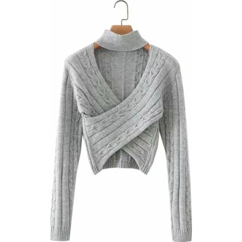 Short knit slim sweater women long sleeve v neck slim sexy sweater sexy knitwear short criss cross sweater