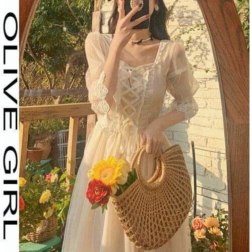 2021 Lolita Harajuku Cottagecore Robe Summer Women Lace Dresses Casual Fairy Clothes Long Sleeve Strap Maxi Skater Dress