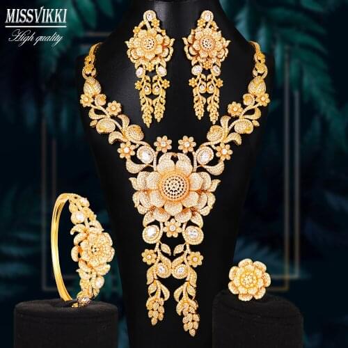Missvikki Luxury Long Blooming Flowers Pendant 4 PCS Necklace Bangle Earrings Ring for Women Bridal Wedding Engagement Jewelry