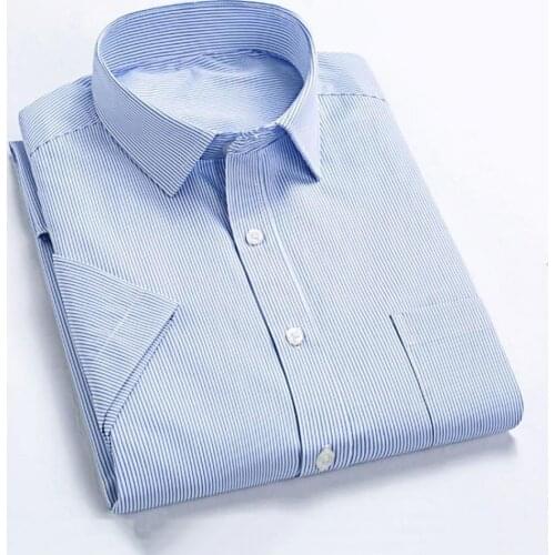 Autumn Men Shirt Striped Anti-wrinkle Turn Down Collar Social Shirts Anti-wrinkle Men Pocket Formal Shirt Business Work XXXL 42