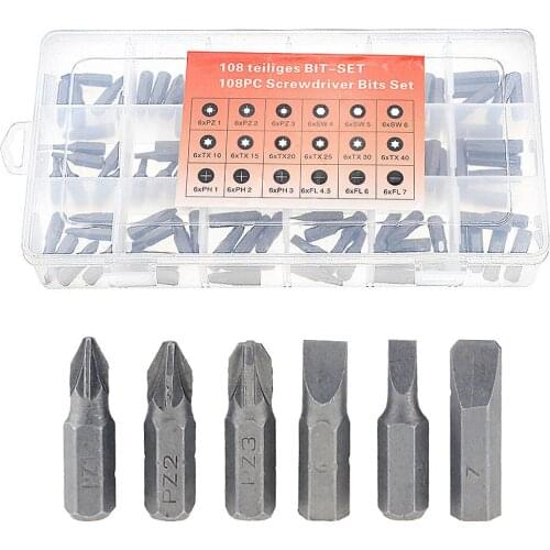 108pcs/set 1inch CR-V Drill Bits Set T10 T15 T20 T25 T30 T40 PH1 PH2 4.5 5 6 Electric Screw Driver Bit Set