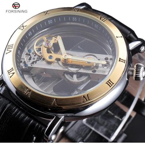 New FORSINING Fashion Watches Men Luxury Roma Case Transparent Skeleton Automatic Mechanical Leather Strap Antique Wristwatch