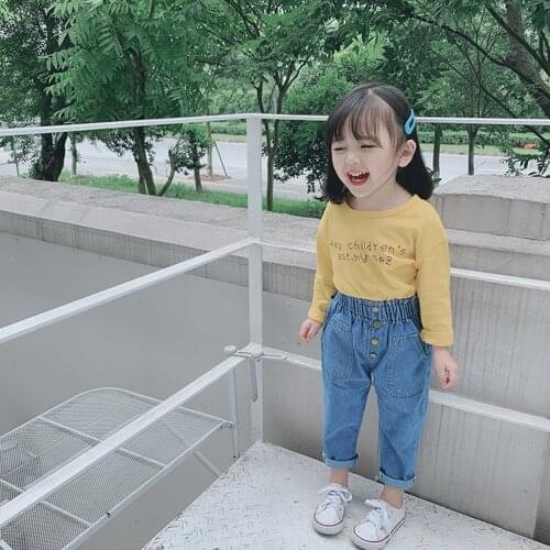 OPPERIAYA Toddler Kids Baby Girls High Waist Jeans Casual Elastic Button Waist Loose Trousers with Pockets for Spring Summer
