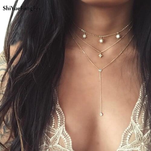 Gold Color Star Pendant Necklaces Women MultiLayer Round Beads Clavicle Chain Chokers Bohemian Fashion Jewelry Accessories