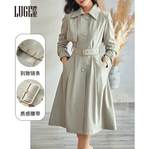 2021 autumn new fashion foreign style coat womanly temperament close waist skirt windbreaker womens middle and long style