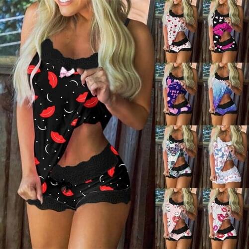Flower Print Pajamas Women Sleeveless Lace Cami Shorts Lingerie Sleepwear Set Fashion Sexy Home Ladies Underwear Pajamas Set2021