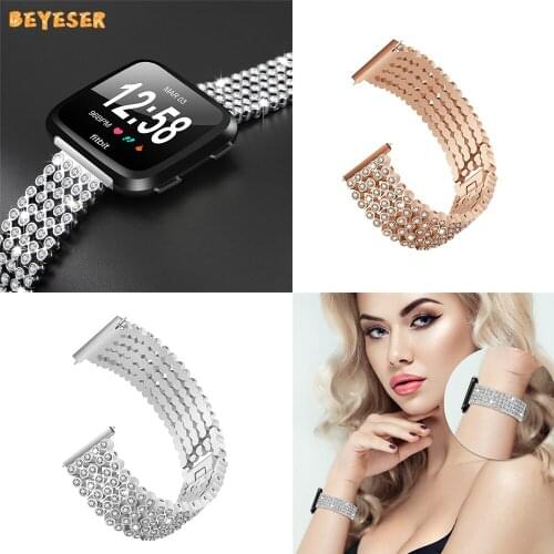 Stainless Steel Ladies Rhinestone Wrist Strap For Fitbit Versa Smart Watch Wristband Replacement Metal Belt Watchband Bracelet