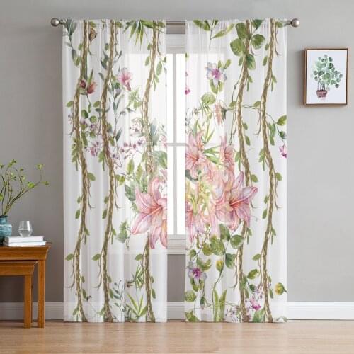 Plant Flower Lily Pink Sheer Curtains for Living Room Bedroom Kitchen Tulle for Windows Voile Drapes Home Decoration