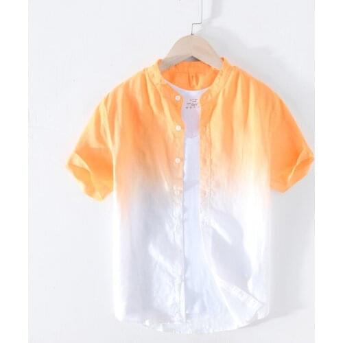 100% Pure Linen Summer Gradient Shirts For Men Short Sleeve Fashion Shirt Man Casual Stand Collar Tops Y2445