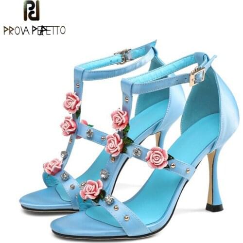 T-shaped high heels new satin surface fashion flower crystal open toe bag heel sandals round toe stiletto high heel sandals