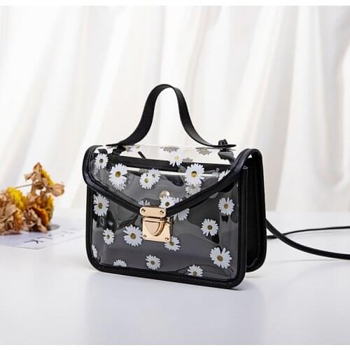 Fashion Women Transparent Daisy Pattern Shoulder Bag Hardware Chain Strap Color Block Messenger Handbag Composite Tote