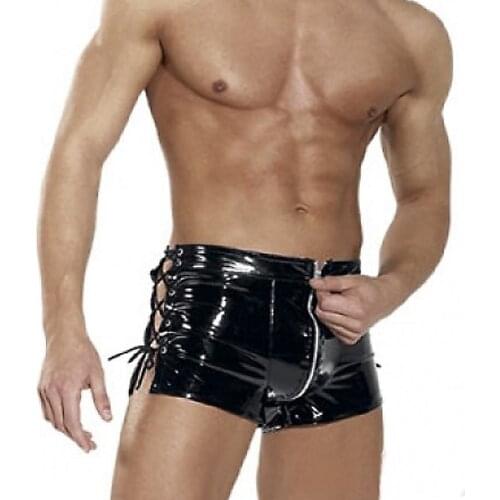 Men Sexy Wet Look PVC Vinyl Patent Leather Shiny Boxer Brief Lace Up Side Fetish Shorts Hot Pants Underwear Lingerie Outfit 2XL