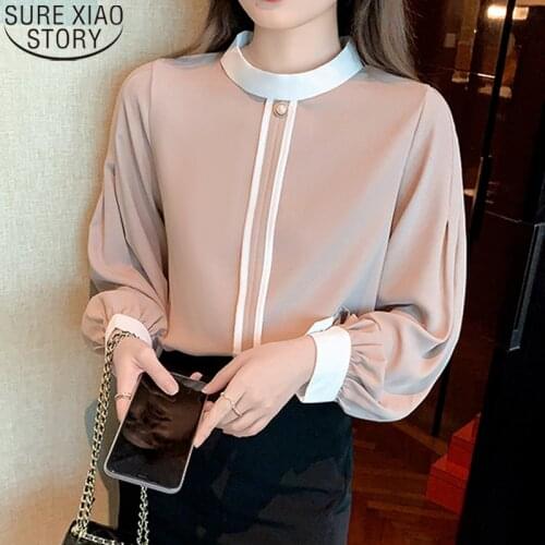 New Autumn Shirt Women Lantern Sleeve Loose Stand Collar Elegant Fashion Blouse Tops Mujer Office Lady Apricot Blouse 16383