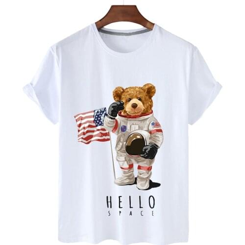 High Quality Astronaut Bear Print Cotton Short Sleeve O-neck Loose Casual Top T-shirt Female Oversized T-shirt Half Sleeve S-3XL