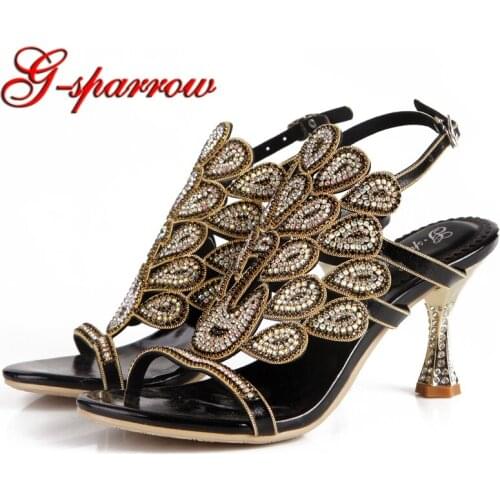 Black Rhinestone Women Sandals Sparkling Peacock Style Lady Summer Dress Heels Homecoming Party Shoes with Back Straps GS-L042