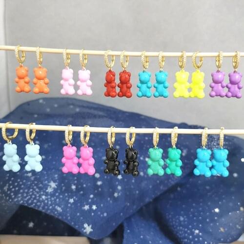 QMHJE Gold Painting Bear Candy Colors Dangle Hoop Earrings for Women Choker Neon Jewelry Cute Neon Yellow Rose Orange Black