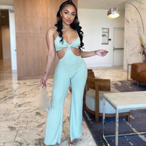 Womens Cut Out Bustier Jumpsuit Sexy Strap Long Jumpsuit Wide Leg Playsuits One Piece Streetwear Outfits Spring Summer 2021