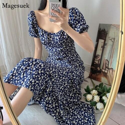 Vintage Floral Spring Summer Dress Square Collar Print Womens Dress Woman Slim Ruffled Chiffon Dresess Fashion Clothing 14581
