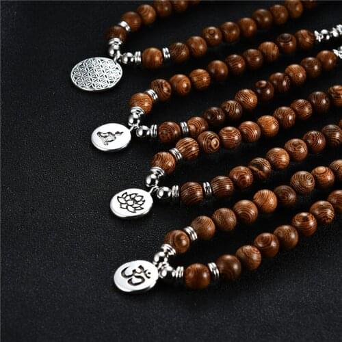 108pcs Tibetan Buddhist Prayer Beads Necklace OM Lotus Buddha Mala Rosary Wooden Charm Bracelet Bangle Jewelry Accessories